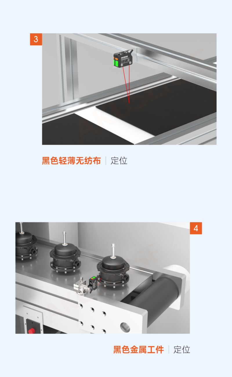 图片分为上下两部分,展示了两种不同的工业定位场景。上半部分显示了一个黑色轻薄无纺布的定位过程,背景为金属框架结构,表面平整,无纺布放置在黑色平台上,上方有一个带有绿色指示灯的传感器,传感器通过红色箭头指向无纺布,用于定位。下半部分展示了一个黑色金属工件的定位过程,背景为工业设备,金属工件呈圆柱形,表面光滑,放置在设备的平台上,旁边有一个类似的传感器,同样带有绿色指示灯,用于定位金属工件。